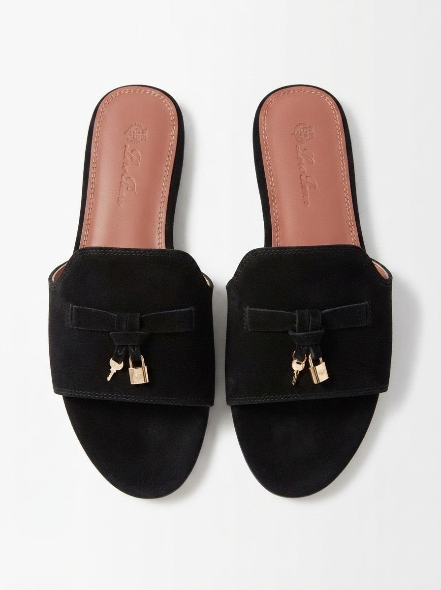 Black Suede Charm Slide Sandals