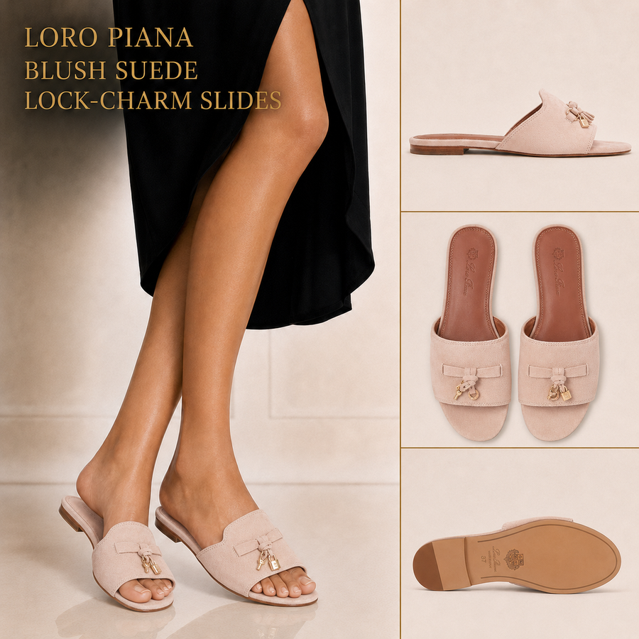 Blush suede charm slide sandals for women by Layali Boutique