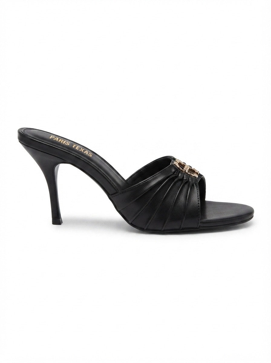 Black Pleated Logo High-Heel Mules