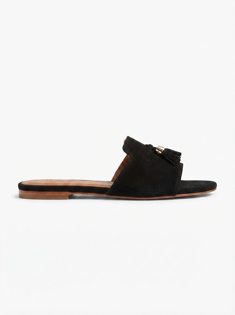 Black Suede Charm Slide Sandals