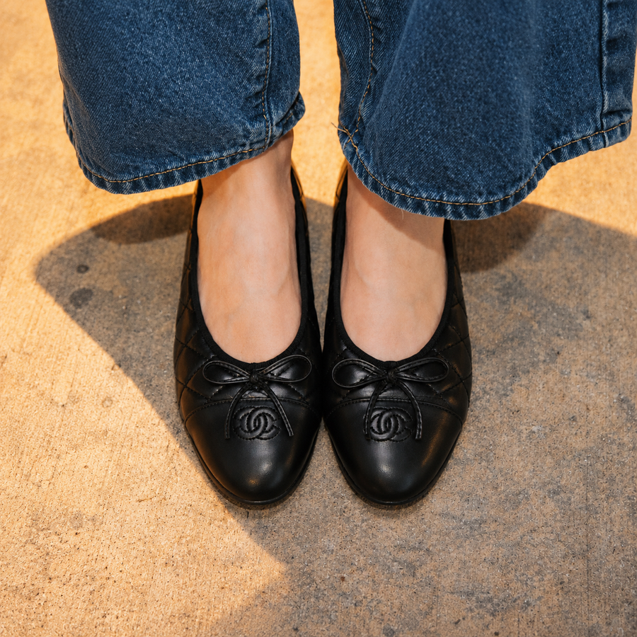 Black Quilted Leather Ballet Flats