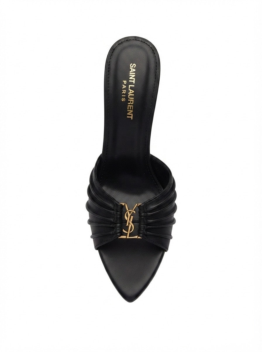Black Pleated Logo High-Heel Mules