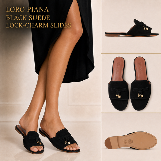 Black Suede Charm Slide Sandals