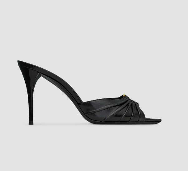 Black Pleated Logo High-Heel Mules
