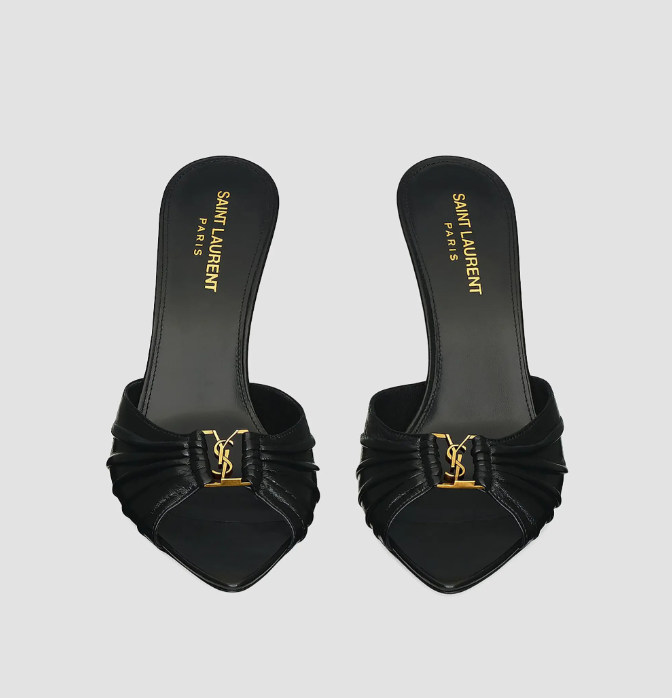 Black Pleated Logo High-Heel Mules