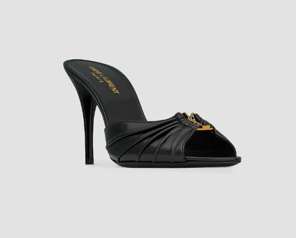 Black Pleated Logo High-Heel Mules