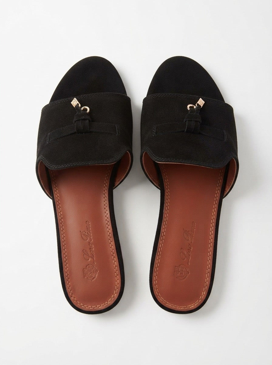 Black Suede Charm Slide Sandals