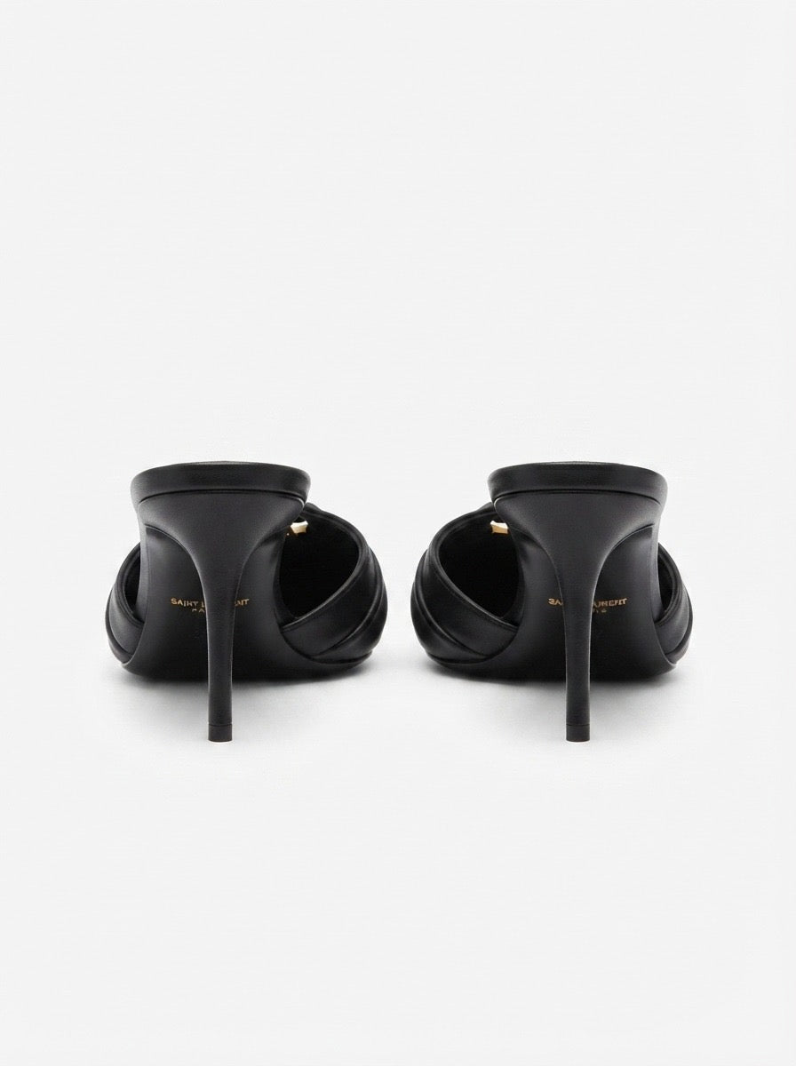 Black Pleated Logo High-Heel Mules