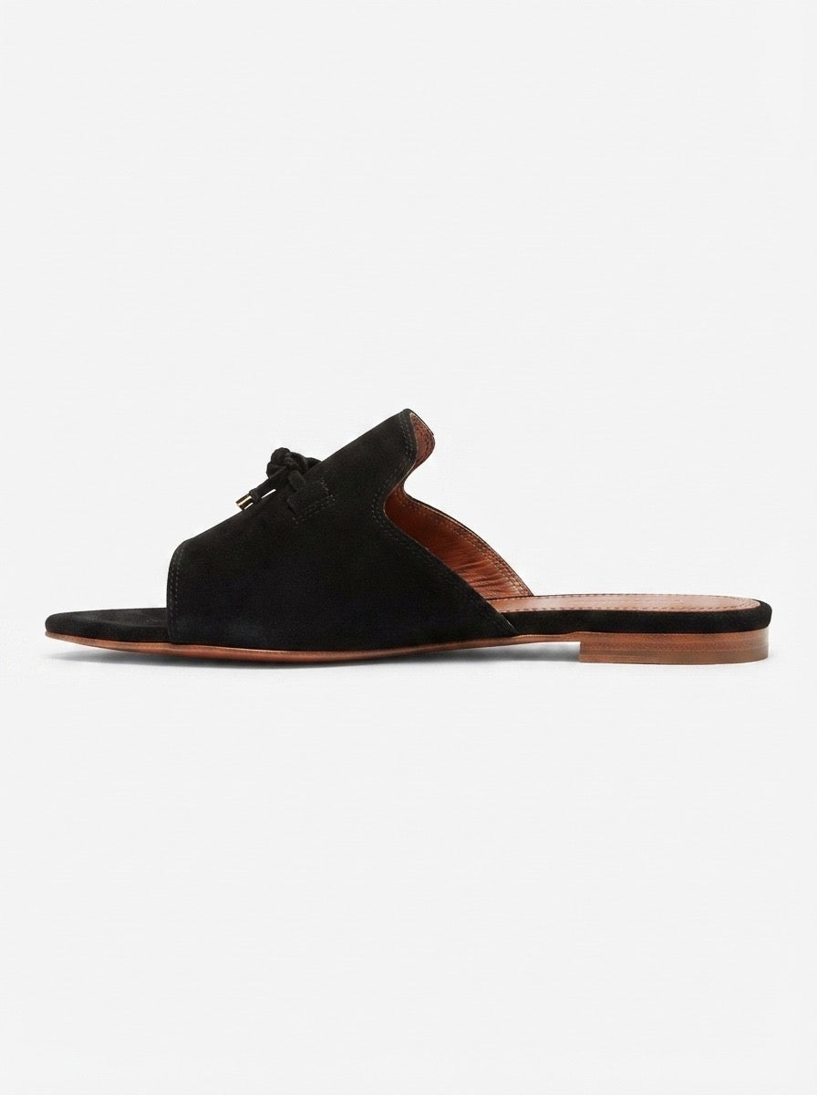 Black Suede Charm Slide Sandals