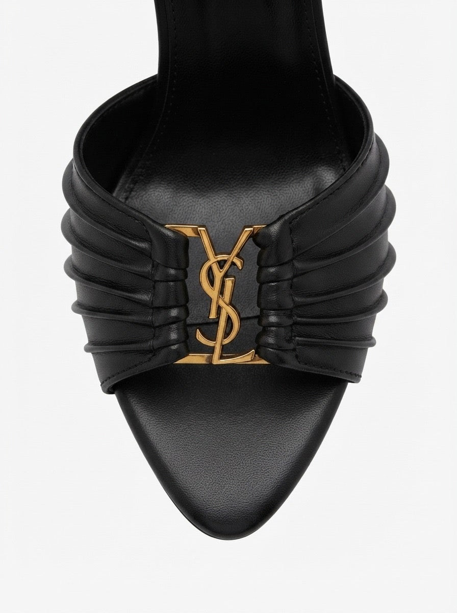 Black Pleated Logo High-Heel Mules