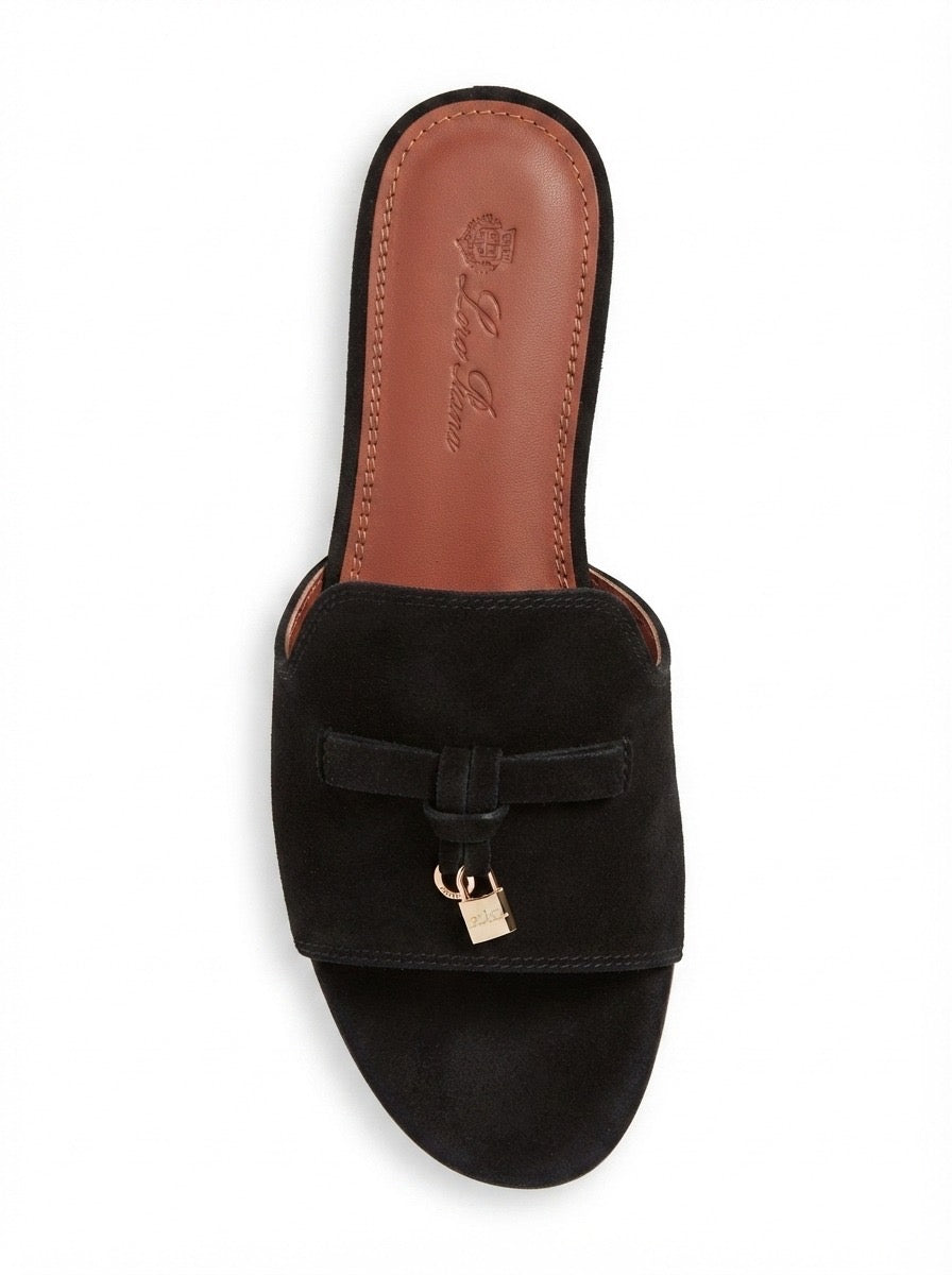 Black Suede Charm Slide Sandals